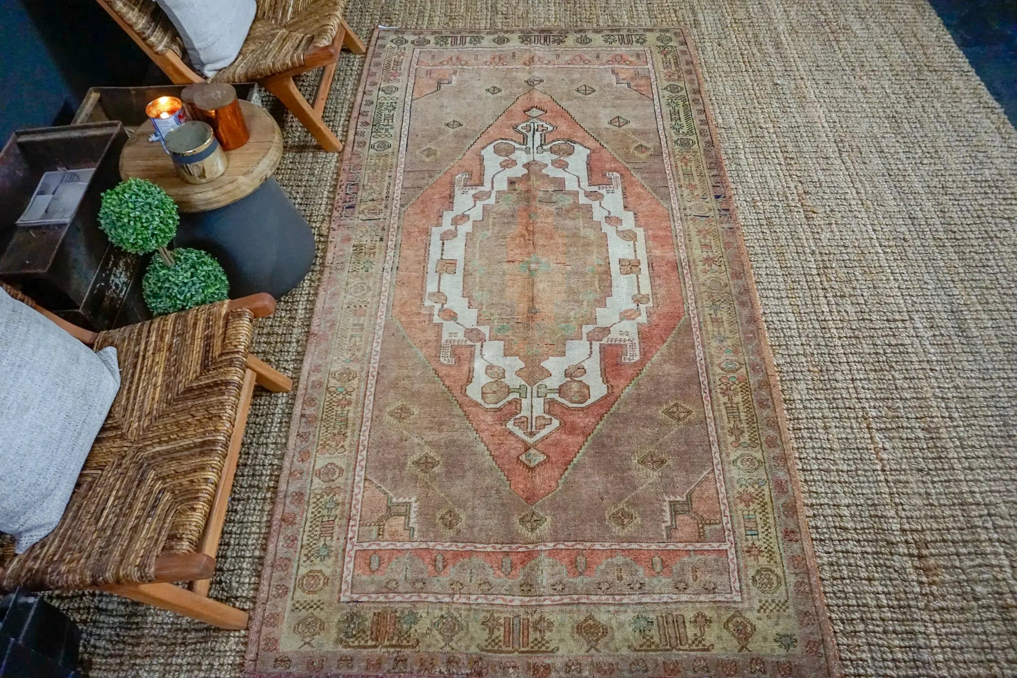 4’3 x 8’2 Turkish Taspinar Rug Very Muted Copper, Chartreuse + Mocha Vintage Carpet '3239 Linda's Barn