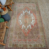 4’3 x 8’2 Turkish Taspinar Rug Very Muted Copper, Chartreuse + Mocha Vintage Carpet