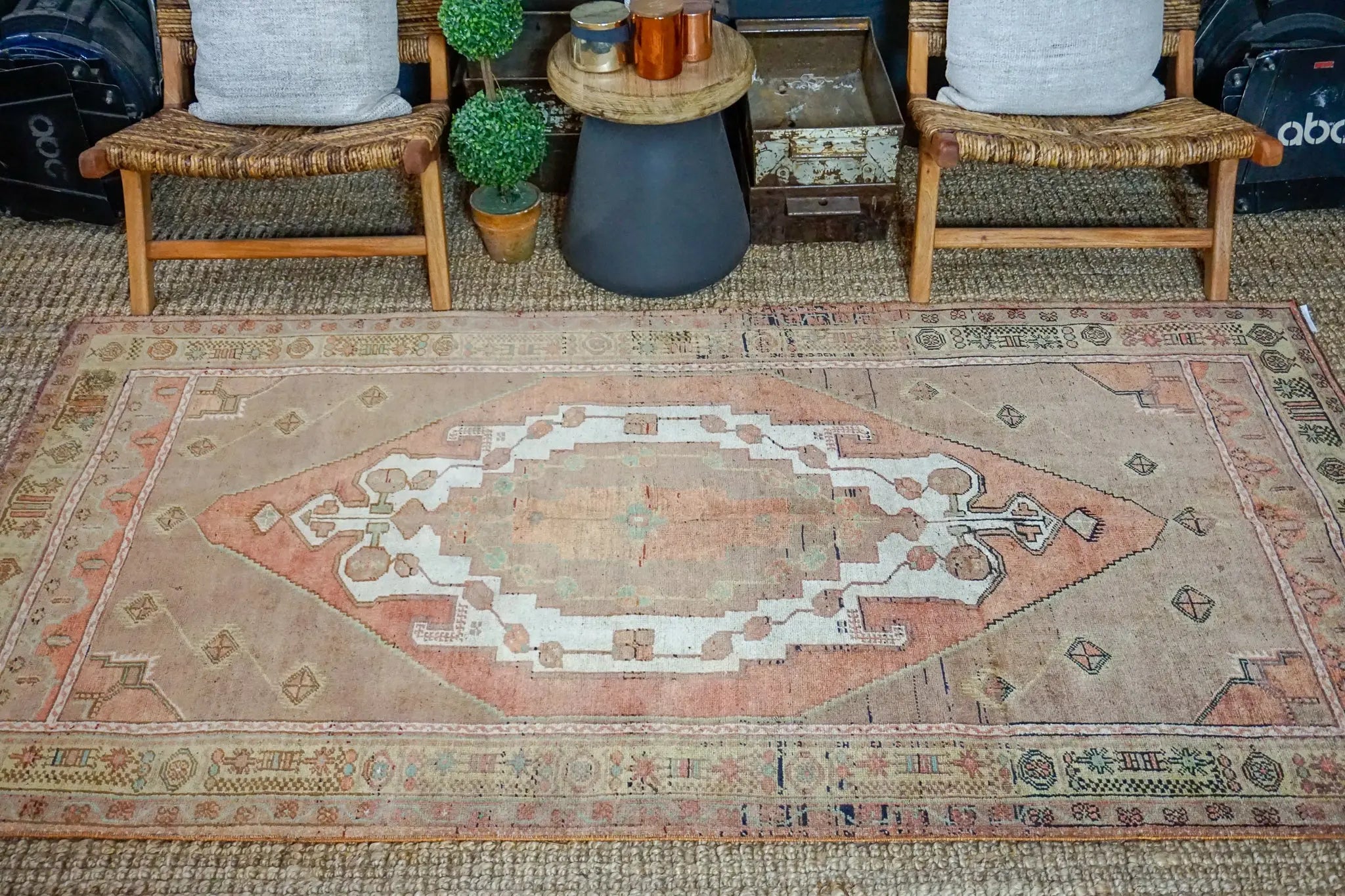 4’3 x 8’2 Turkish Taspinar Rug Very Muted Copper, Chartreuse + Mocha Vintage Carpet '3239 Linda's Barn