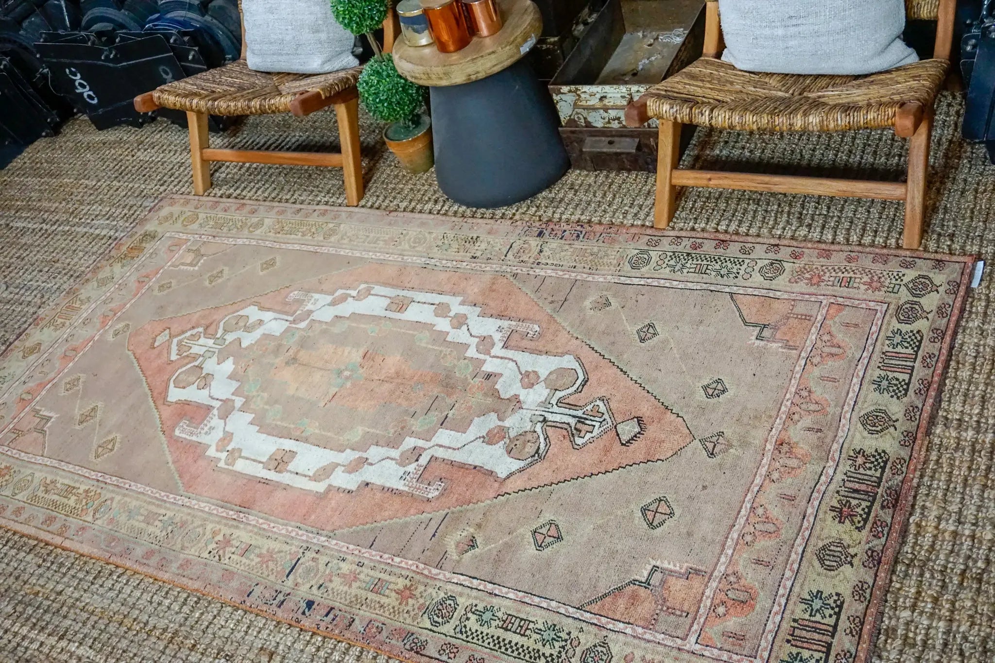 4’3 x 8’2 Turkish Taspinar Rug Very Muted Copper, Chartreuse + Mocha Vintage Carpet '3239 Linda's Barn