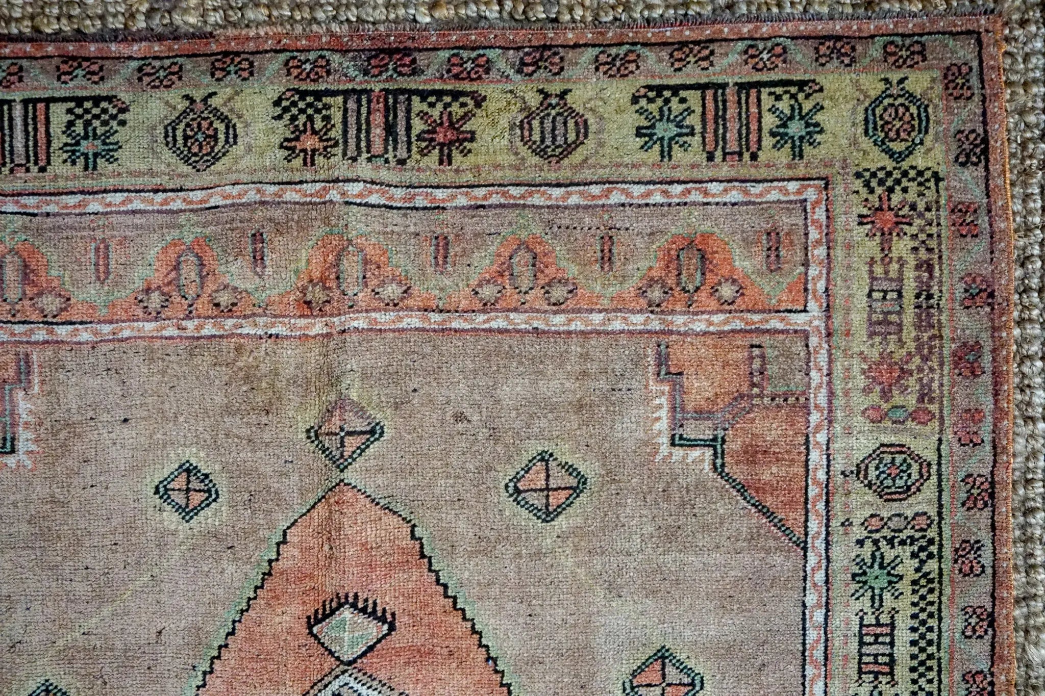 4’3 x 8’2 Turkish Taspinar Rug Very Muted Copper, Chartreuse + Mocha Vintage Carpet '3239 Linda's Barn