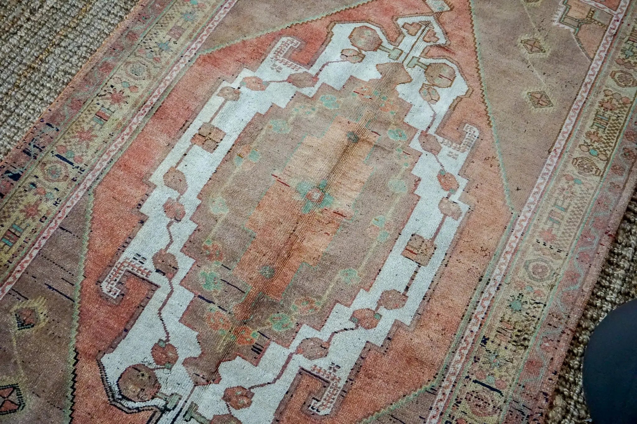 4’3 x 8’2 Turkish Taspinar Rug Very Muted Copper, Chartreuse + Mocha Vintage Carpet '3239 Linda's Barn