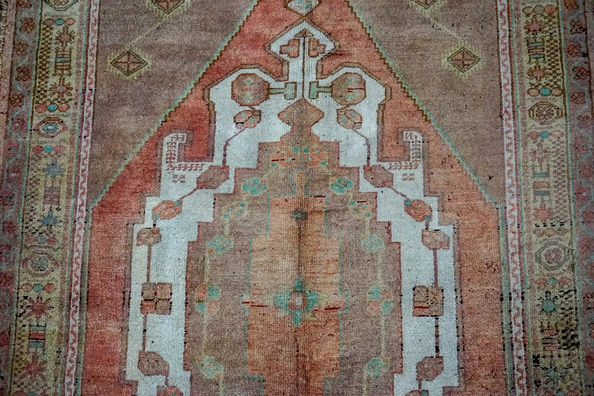 4’3 x 8’2 Turkish Taspinar Rug Very Muted Copper, Chartreuse + Mocha Vintage Carpet '3239 Linda's Barn