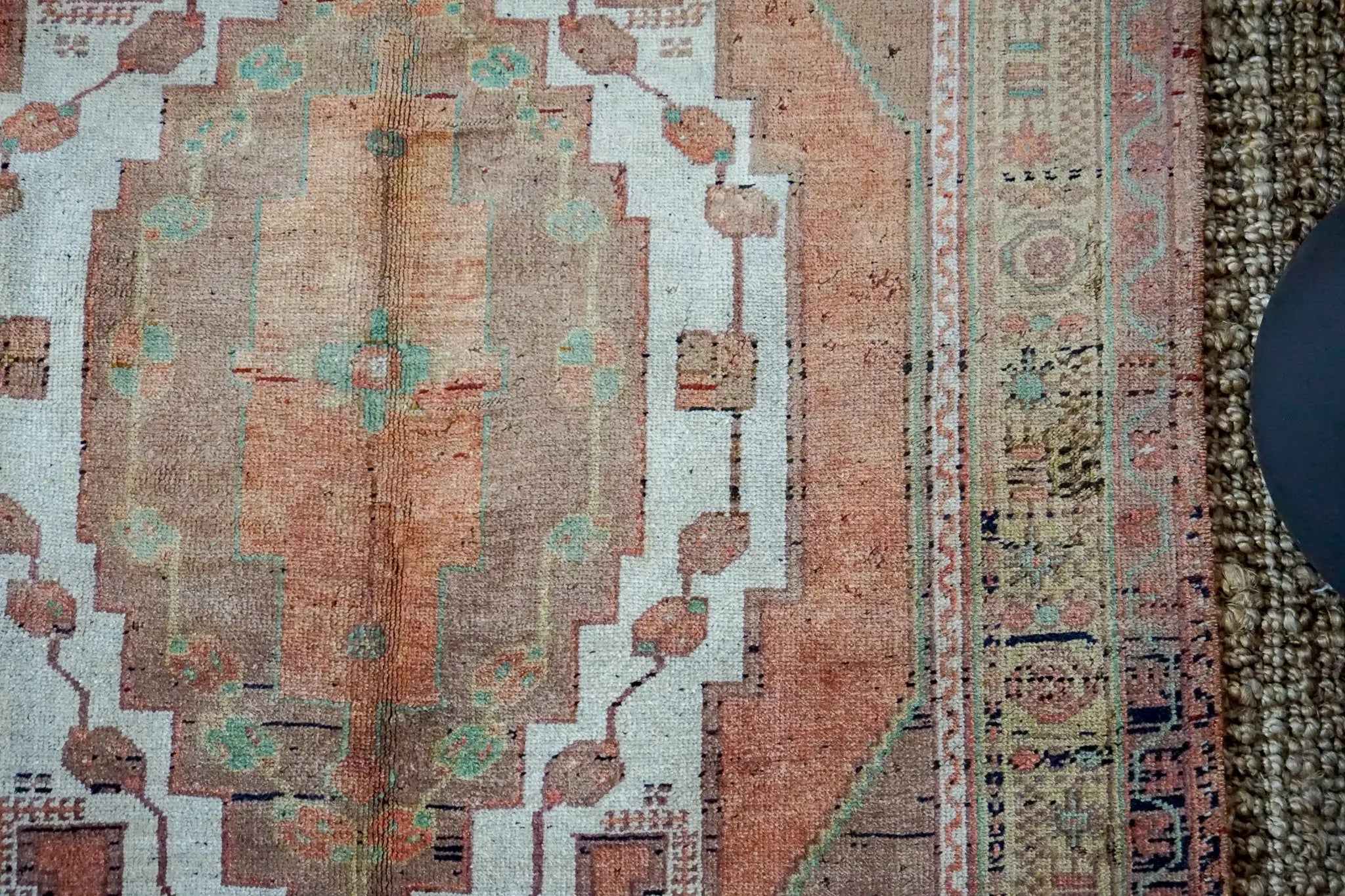 4’3 x 8’2 Turkish Taspinar Rug Very Muted Copper, Chartreuse + Mocha Vintage Carpet '3239 Linda's Barn