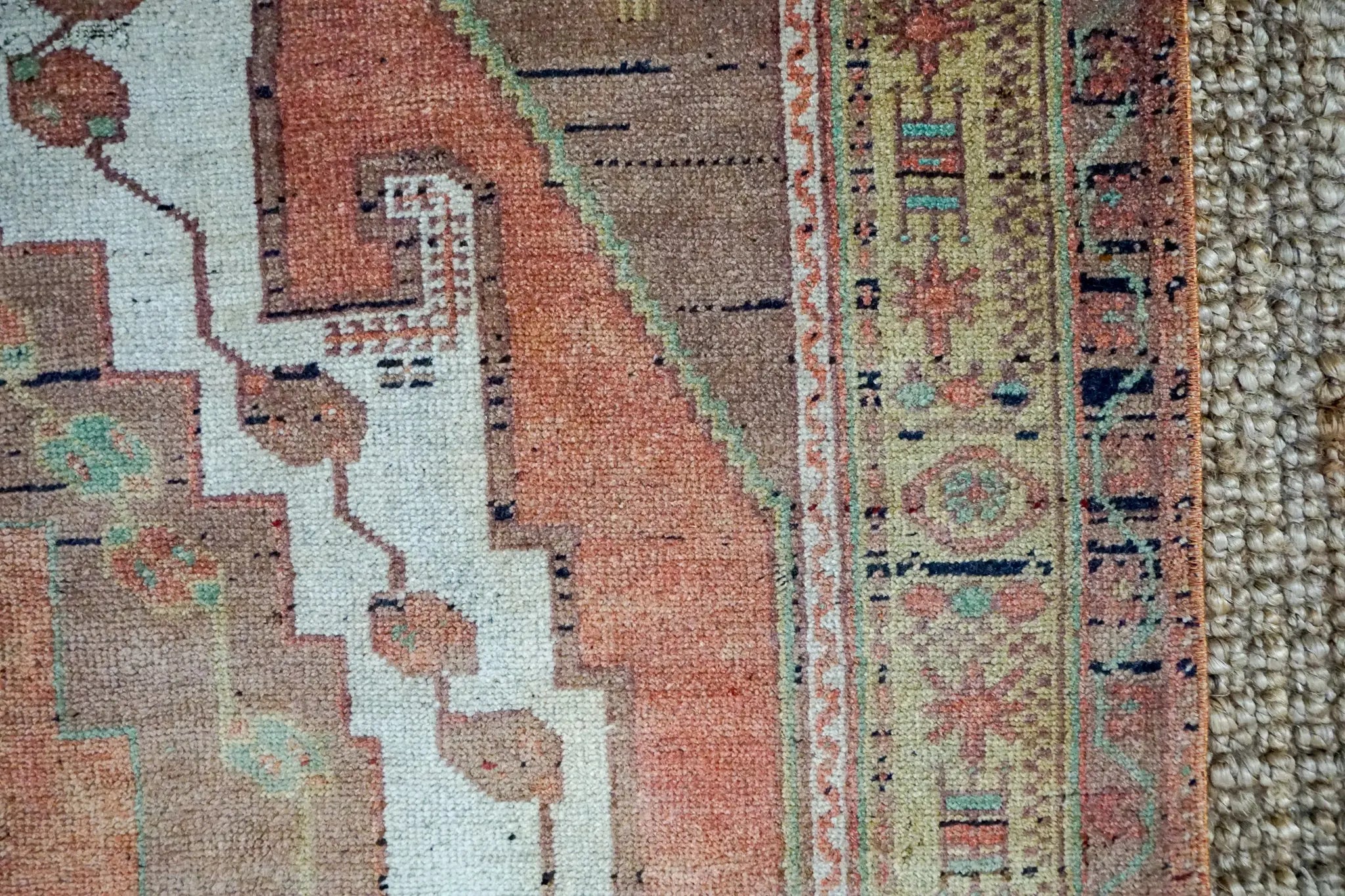4’3 x 8’2 Turkish Taspinar Rug Very Muted Copper, Chartreuse + Mocha Vintage Carpet '3239 Linda's Barn