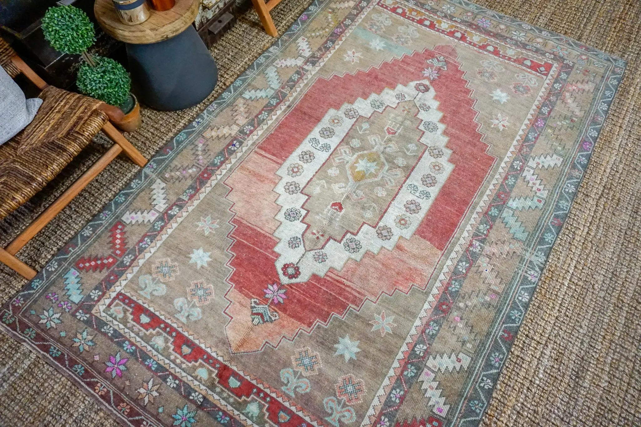 5’5 x 8’7 Turkish Taspinar Rug Muted Copper, Dark Tan and Cream Vintage Carpet '3253 Linda's Barn