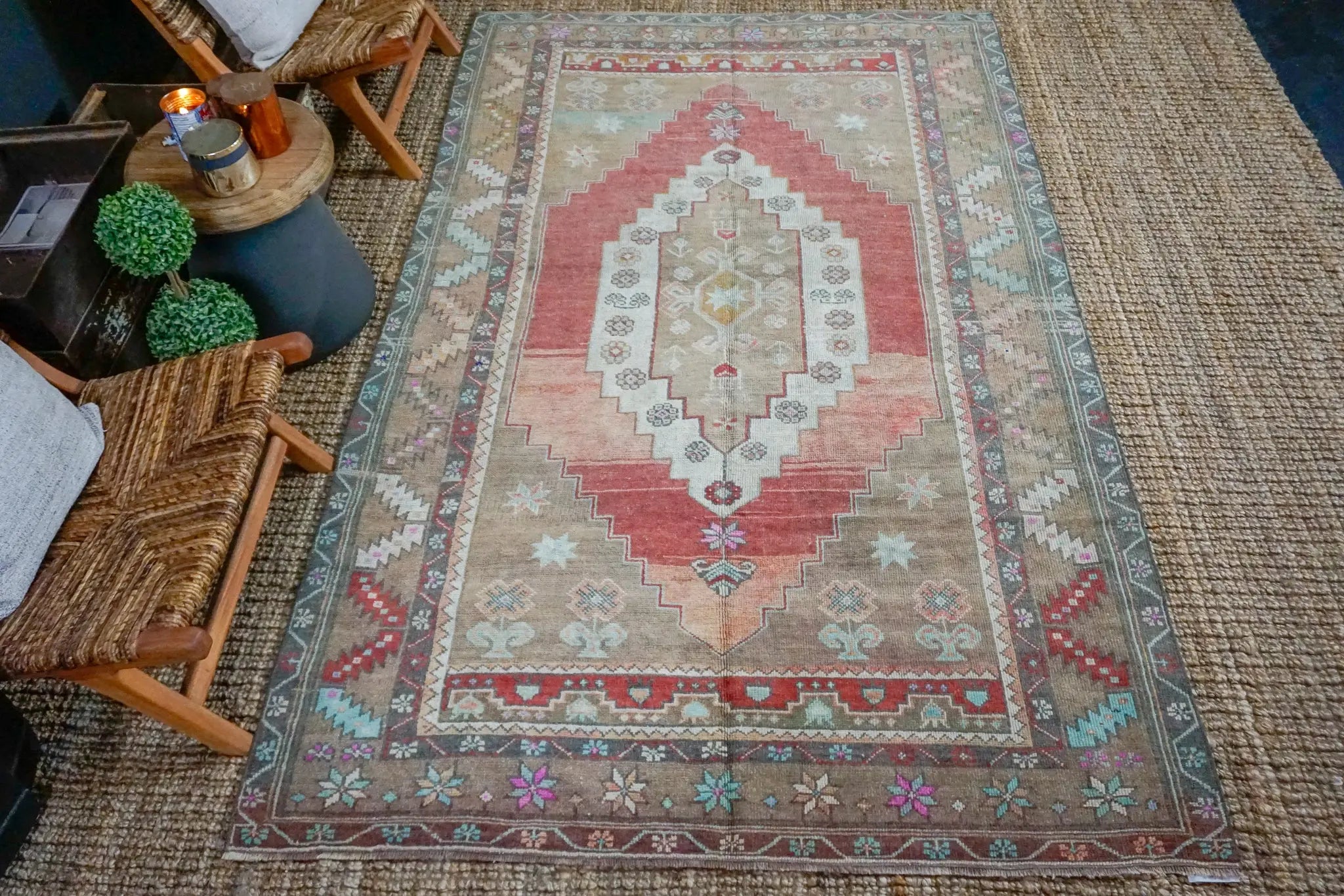 5’5 x 8’7 Turkish Taspinar Rug Muted Copper, Dark Tan and Cream Vintage Carpet '3253 Linda's Barn