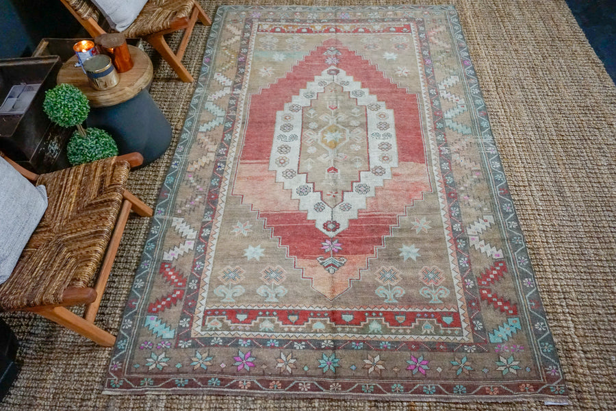 5’5 x 8’7 Turkish Taspinar Rug Muted Copper, Dark Tan and Cream Vintage Carpet