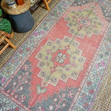 4’2 x 8’5 Oushak Rug Very Muted Red, Gold + Gray Vintage Carpet