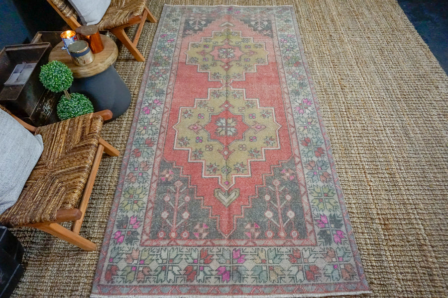 4’2 x 8’5 Oushak Rug Very Muted Red, Gold + Gray Vintage Carpet