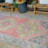 4’2 x 8’5 Oushak Rug Very Muted Red, Gold + Gray Vintage Carpet