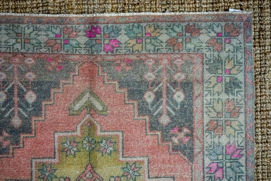 4’2 x 8’5 Oushak Rug Very Muted Red, Gold + Gray Vintage Carpet