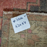 4’2 x 8’5 Oushak Rug Very Muted Red, Gold + Gray Vintage Carpet