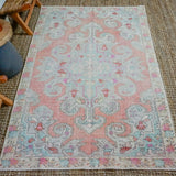 4’6 x 6’11 Oushak Rug Muted  Coral Pink, Blue and Cream Vintage Carpet