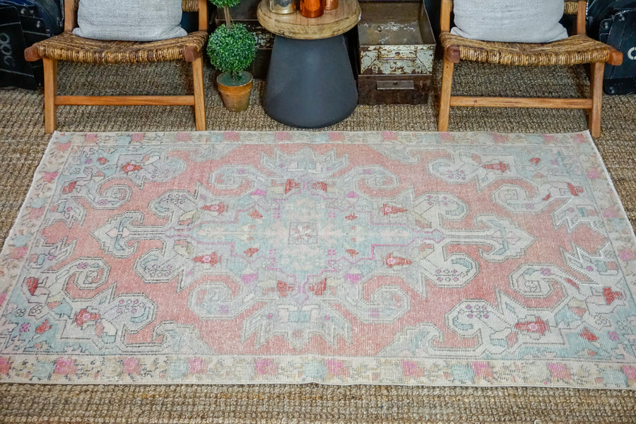 4’6 x 6’11 Oushak Rug Muted  Coral Pink, Blue and Cream Vintage Carpet