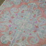 4’6 x 6’11 Oushak Rug Muted  Coral Pink, Blue and Cream Vintage Carpet