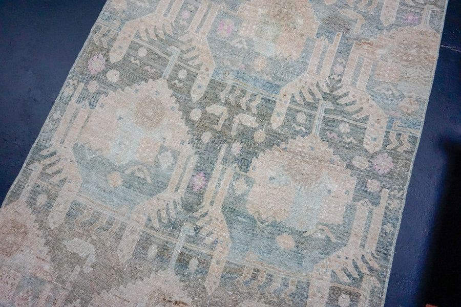 4’2 x 12’8 Antique Runner Muted Sea Foam Green, Camel Beige + Blue