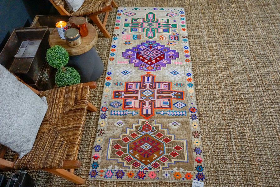 2’10 x 7’2 Vintage Turkish Herki Runner Beige + Bright Bold Colors 70’s