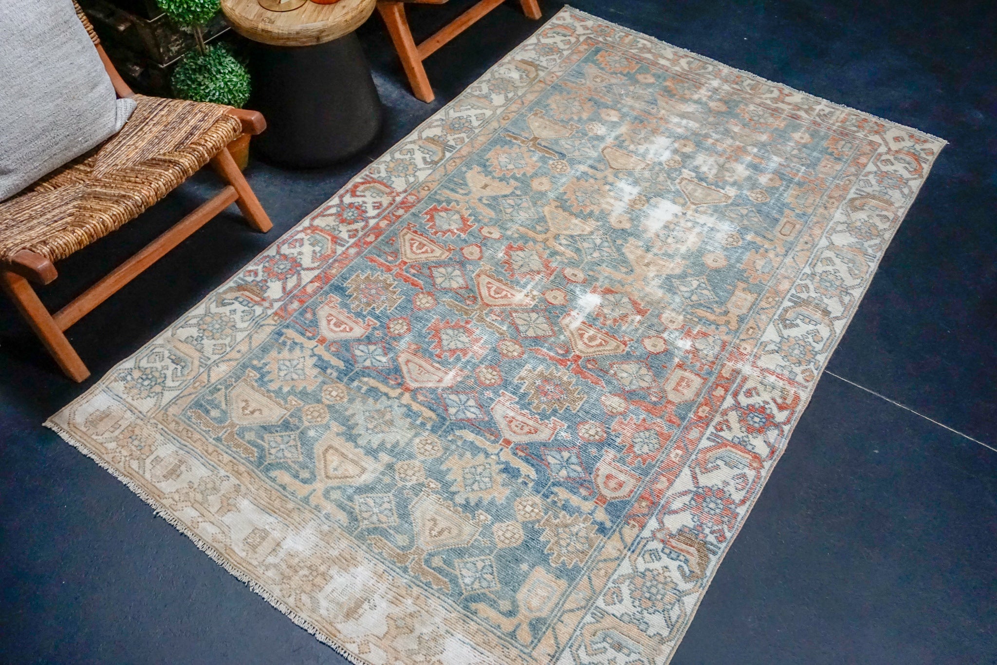 4’5 x 7’3 Classic Antique Rug Muted Denim Blue, Red + Camel SB '4432 Linda's Barn