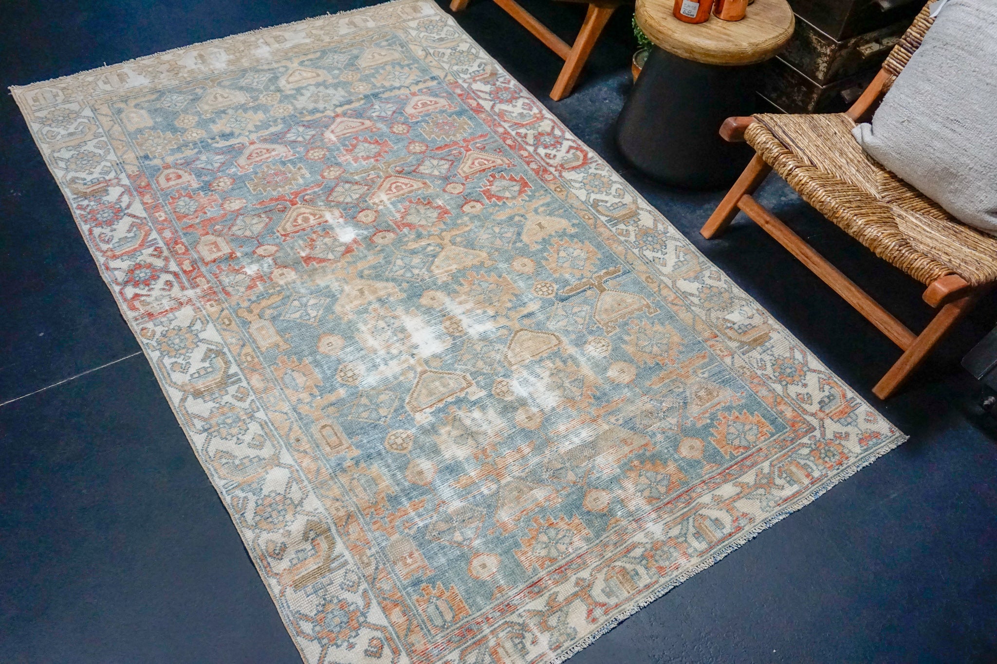4’5 x 7’3 Classic Antique Rug Muted Denim Blue, Red + Camel SB '4432 Linda's Barn