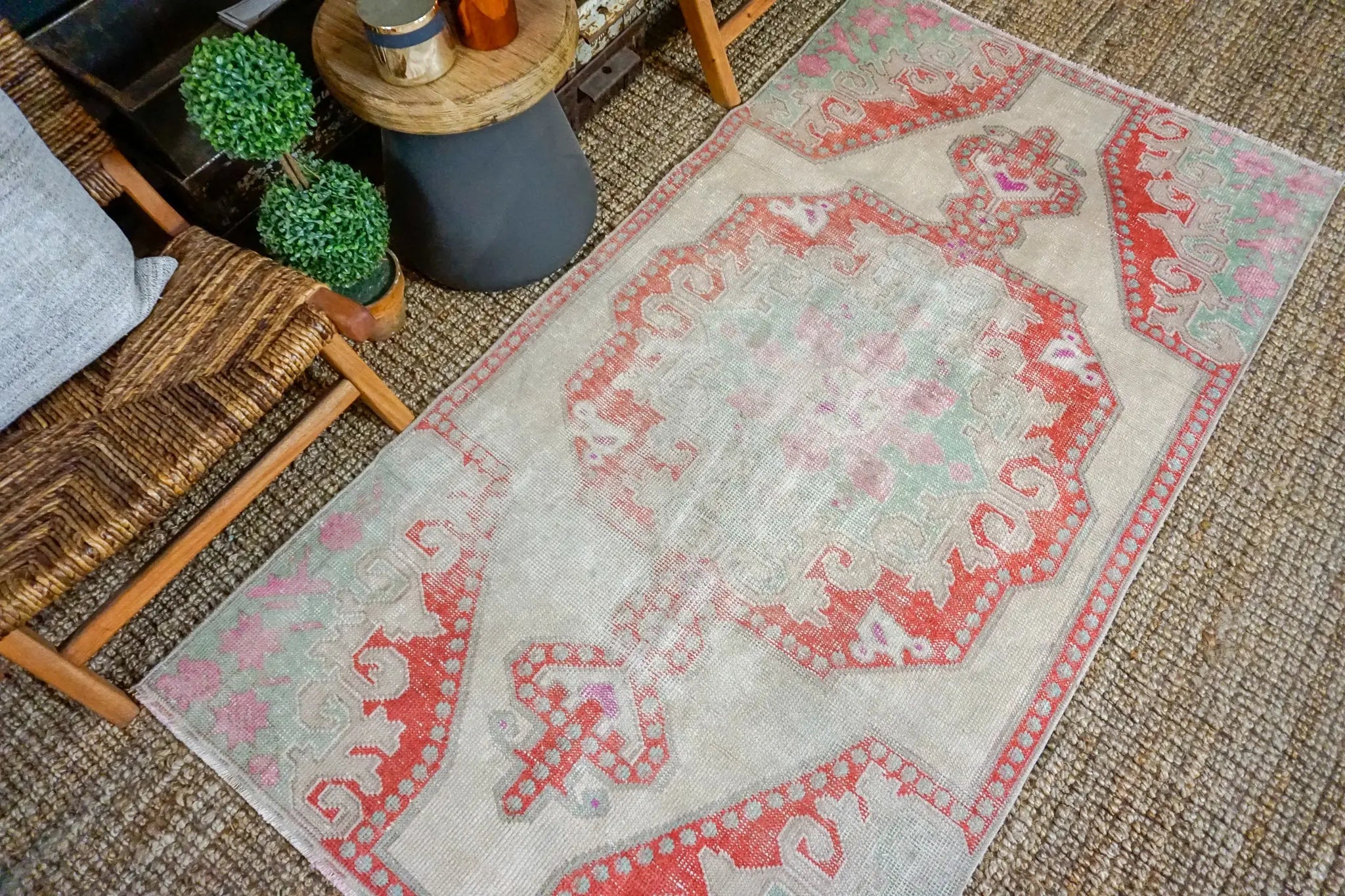 3’8 x 6’11 Oushak Rug Muted Coral, Pink, Mint  and Gray Vintage Carpet '3520 Linda's Barn