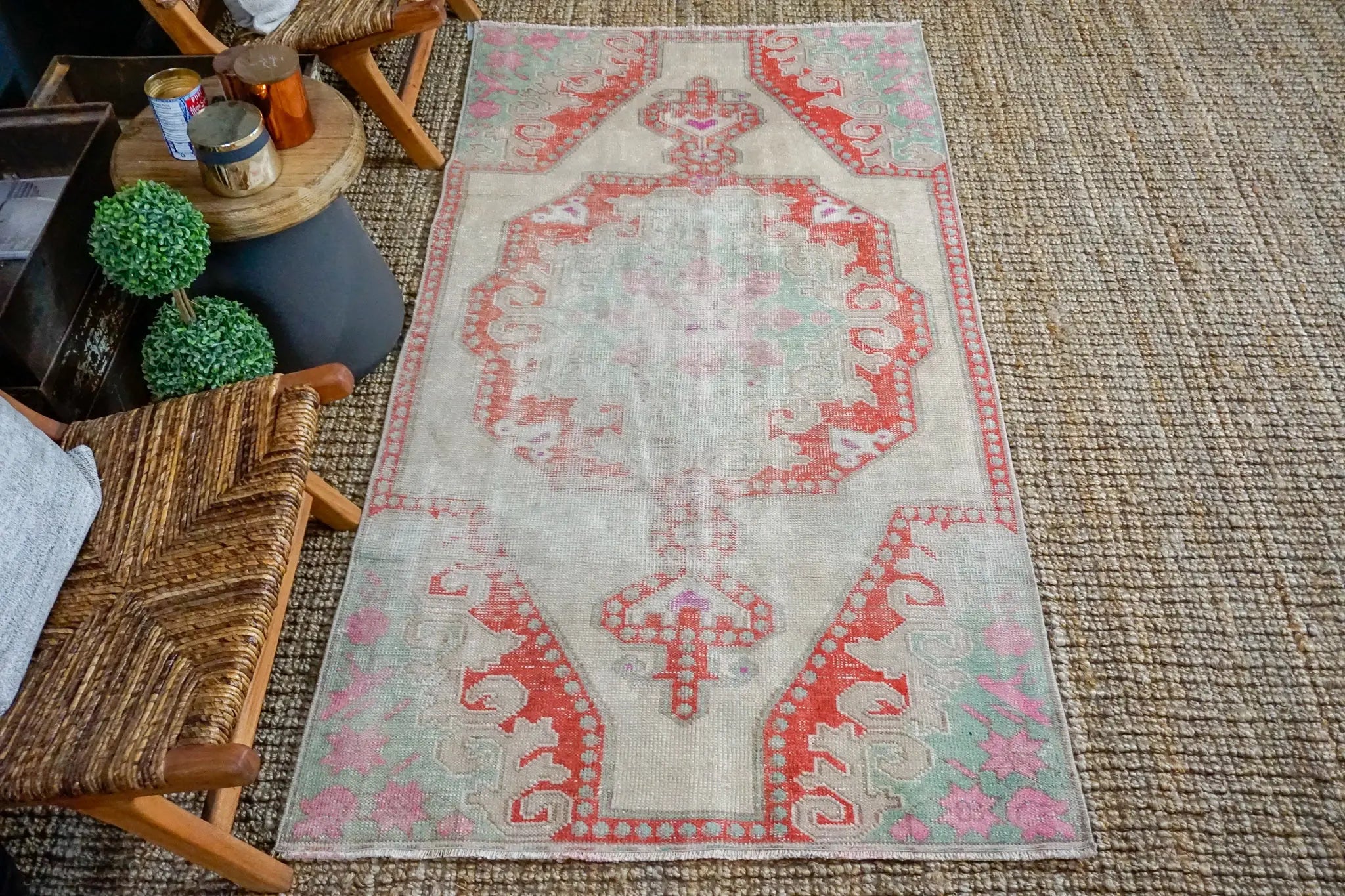 3’8 x 6’11 Oushak Rug Muted Coral, Pink, Mint  and Gray Vintage Carpet '3520 Linda's Barn