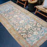 4’3 x 9’10 Classic Vintage Gallery Rug Muted Denim Blues, Apricot, Salmon and Ecru SB