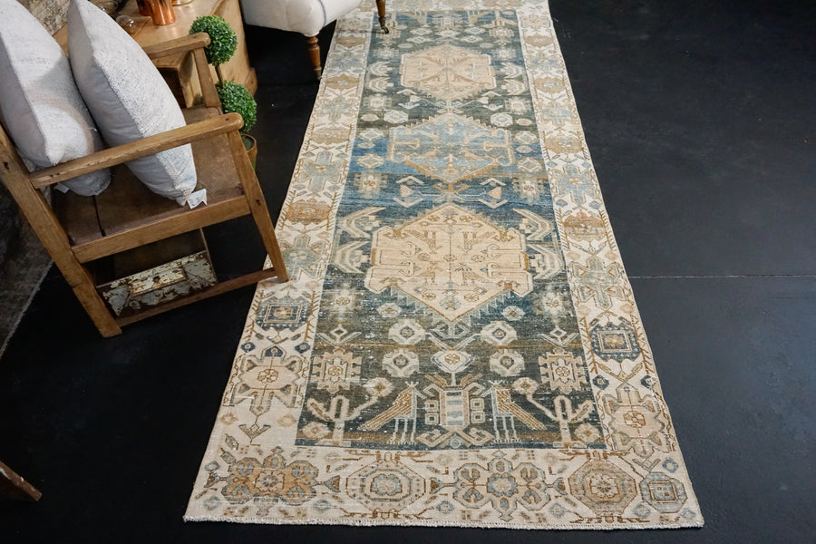 3’9 x 10’7 Persian Hamadan Runner Blue, Cream & Brown