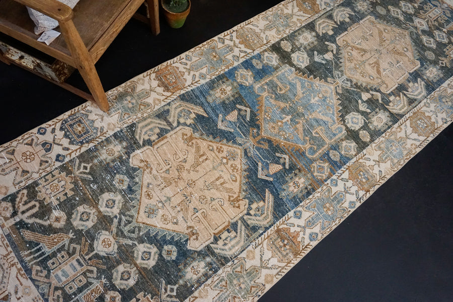 3’9 x 10’7 Persian Hamadan Runner Blue, Cream & Brown
