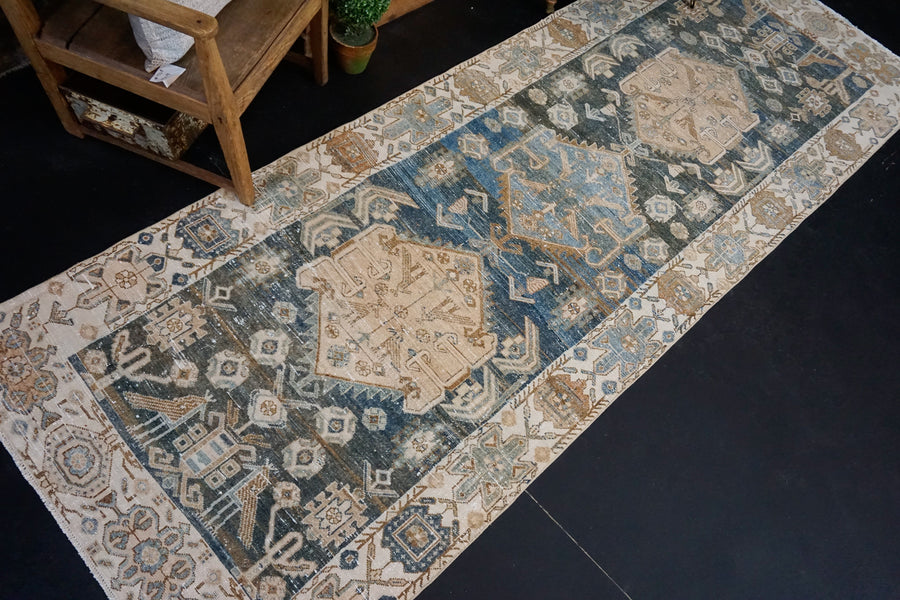 3’9 x 10’7 Persian Hamadan Runner Blue, Cream & Brown