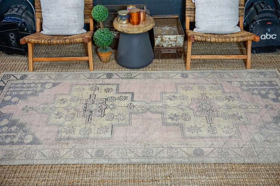 4’1 x 9’ Vintage Oushak Carpet Muted Pink, Gray and Yellow Gallery Rug