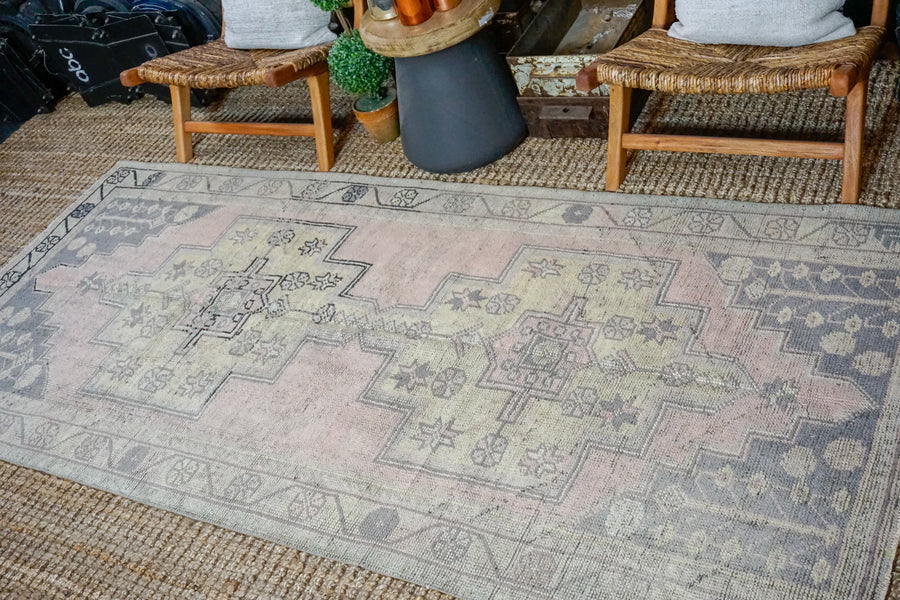 4’1 x 9’ Vintage Oushak Carpet Muted Pink, Gray and Yellow Gallery Rug