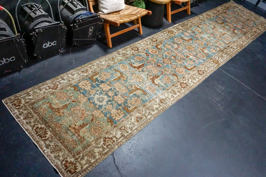 3’4 x 16’4 Antique Runner Muted Turquoise Blue, Brown, Gray + Mocha