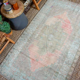 3’10 x 6’11 Oushak Rug Muted Coral, Olive and Taupe Vintage Carpet