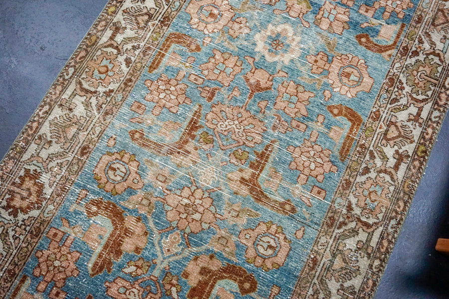 3’4 x 16’4 Antique Runner Muted Turquoise Blue, Brown, Gray + Mocha