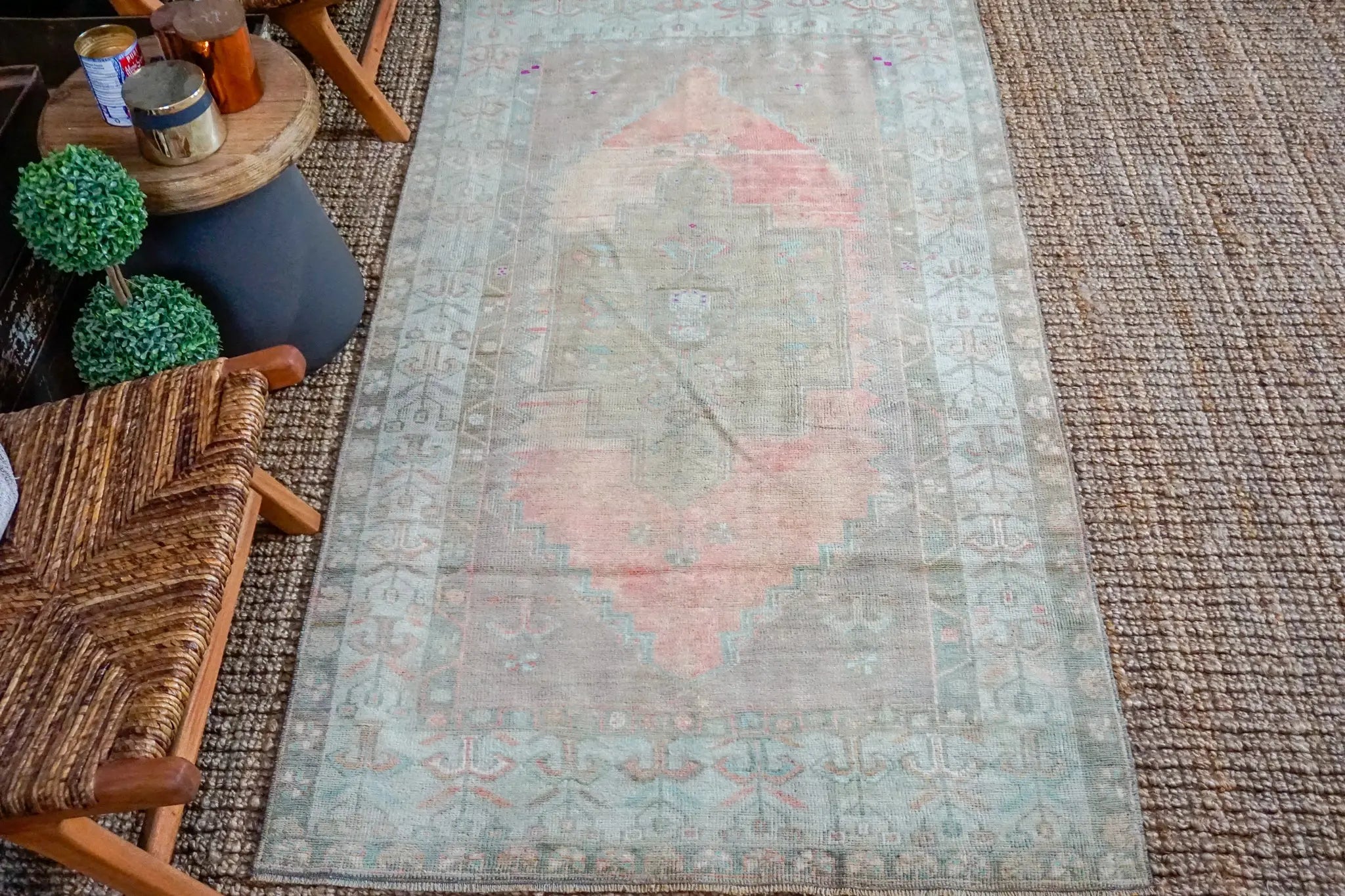 3’10 x 6’11 Oushak Rug Muted Coral, Olive and Taupe Vintage Carpet '3509 Linda's Barn