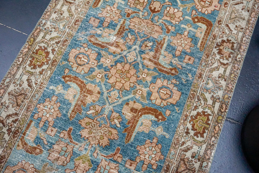 3’4 x 16’4 Antique Runner Muted Turquoise Blue, Brown, Gray + Mocha