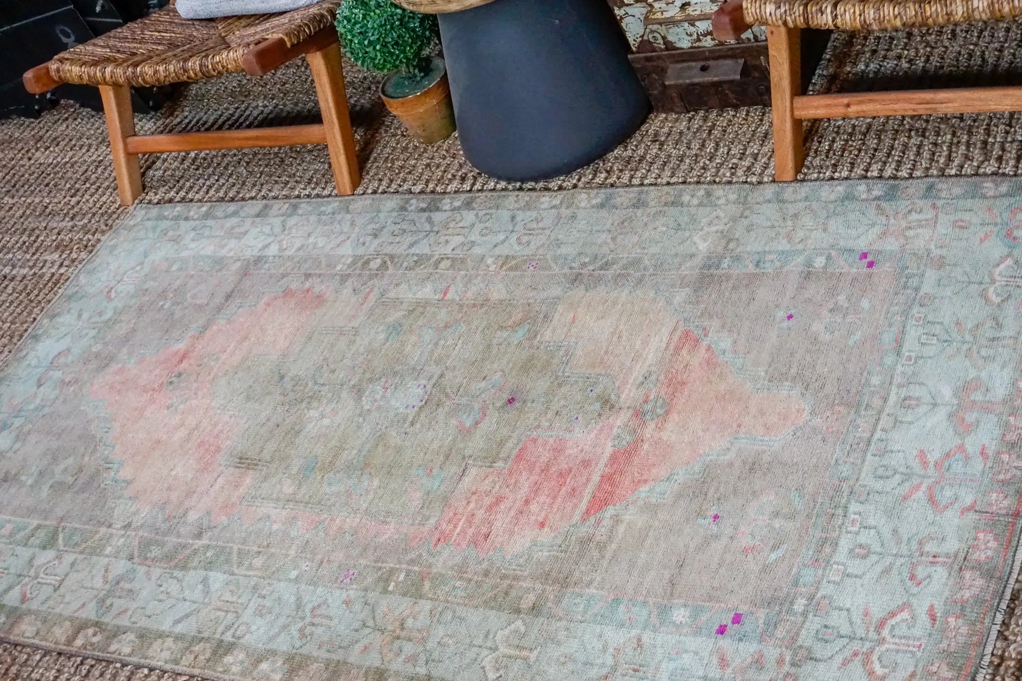 3’10 x 6’11 Oushak Rug Muted Coral, Olive and Taupe Vintage Carpet '3509 Linda's Barn