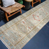 3’ x 10’4 Antique Runner Muted Sky Blue, Ivory + Red '4200