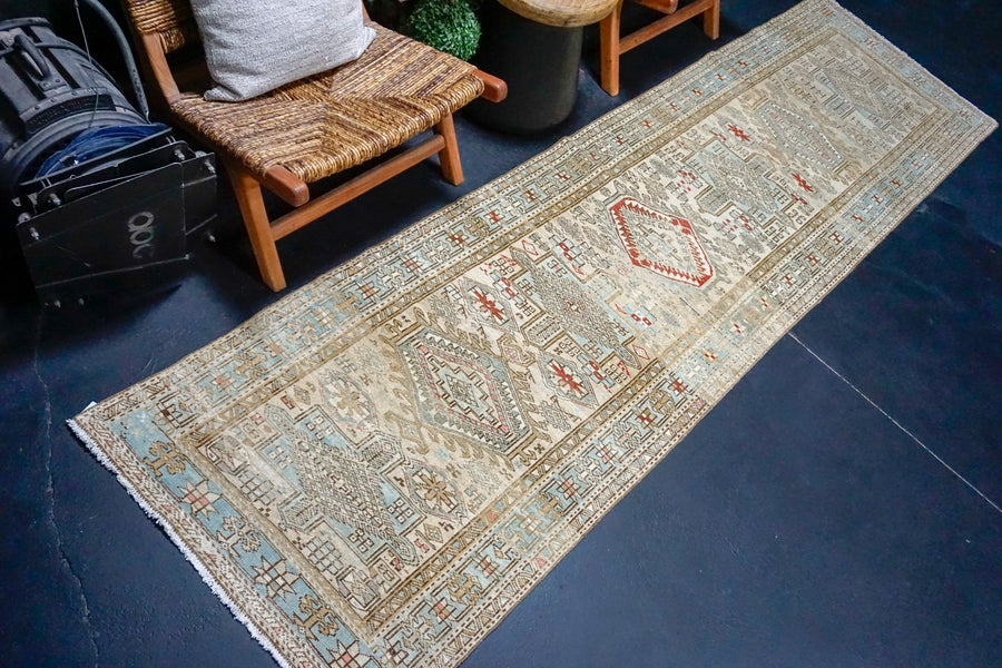 3’ x 10’4 Antique Runner Muted Sky Blue, Ivory + Red