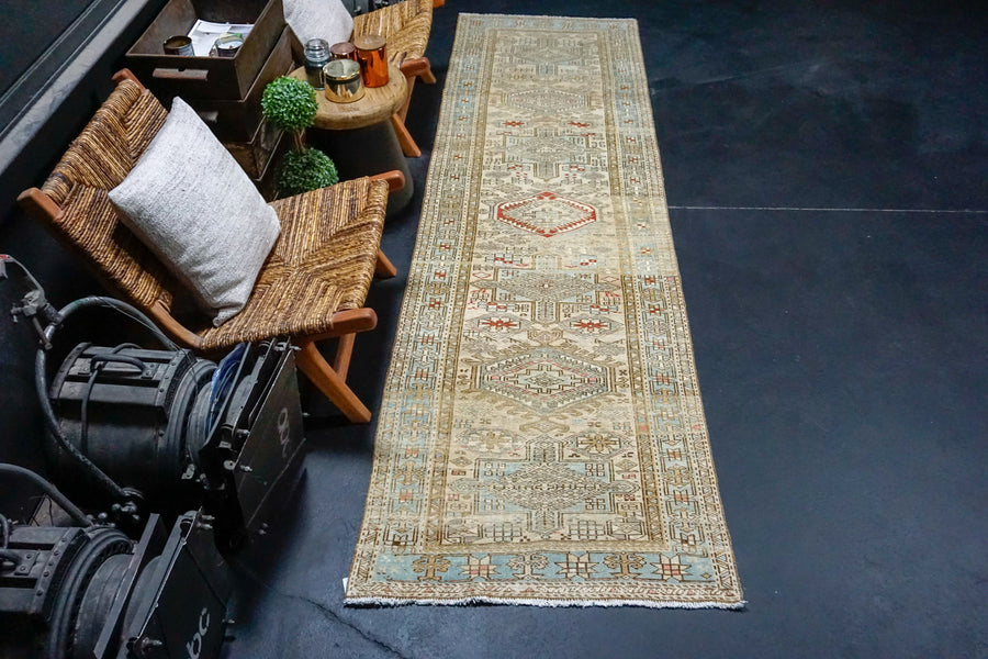 3’ x 10’4 Antique Runner Muted Sky Blue, Ivory + Red