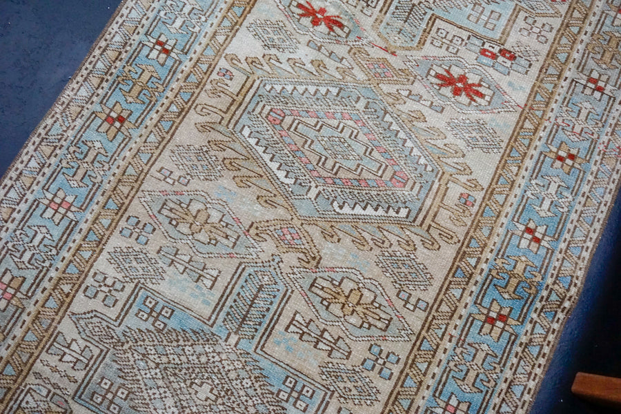 3’ x 10’4 Antique Runner Muted Sky Blue, Ivory + Red