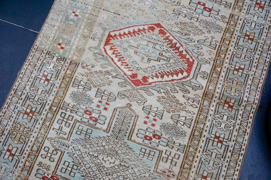 3’ x 10’4 Antique Runner Muted Sky Blue, Ivory + Red