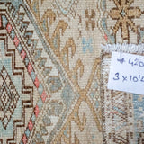 3’ x 10’4 Antique Runner Muted Sky Blue, Ivory + Red '4200