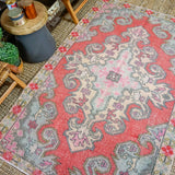 4’6 x 7’1 Oushak Rug Muted Watermelon Pink, Blue and Light Pink Vintage Carpet