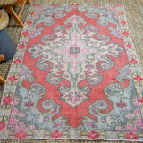 4’6 x 7’1 Oushak Rug Muted Watermelon Pink, Blue and Light Pink Vintage Carpet