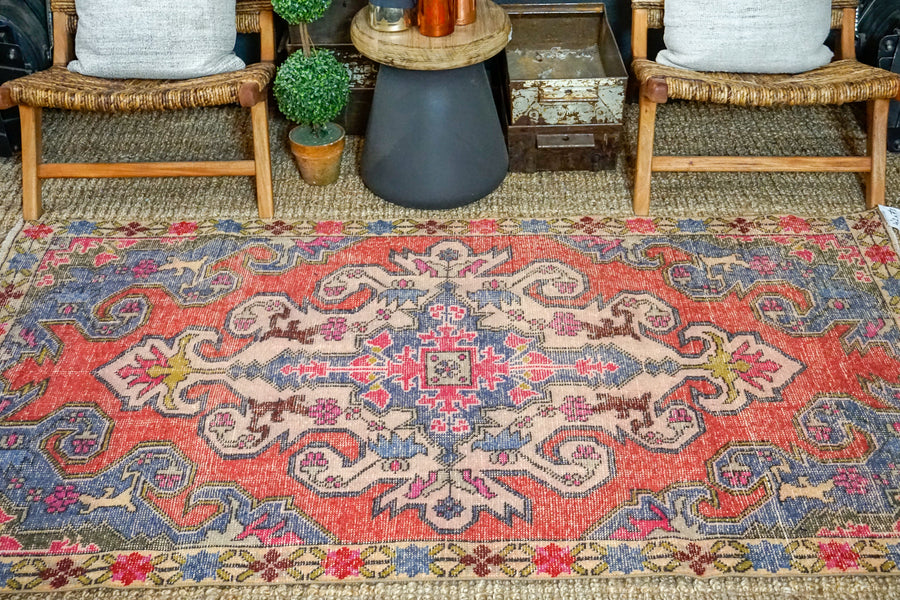 4’2 x 7’3 Oushak Rug Muted Watermelon Pink, Periwinkle Blue and Light Pink Vintage Carpet