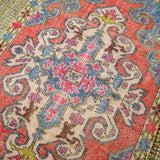 4’2 x 7’3 Oushak Rug Muted Watermelon Pink, Periwinkle Blue and Light Pink Vintage Carpet