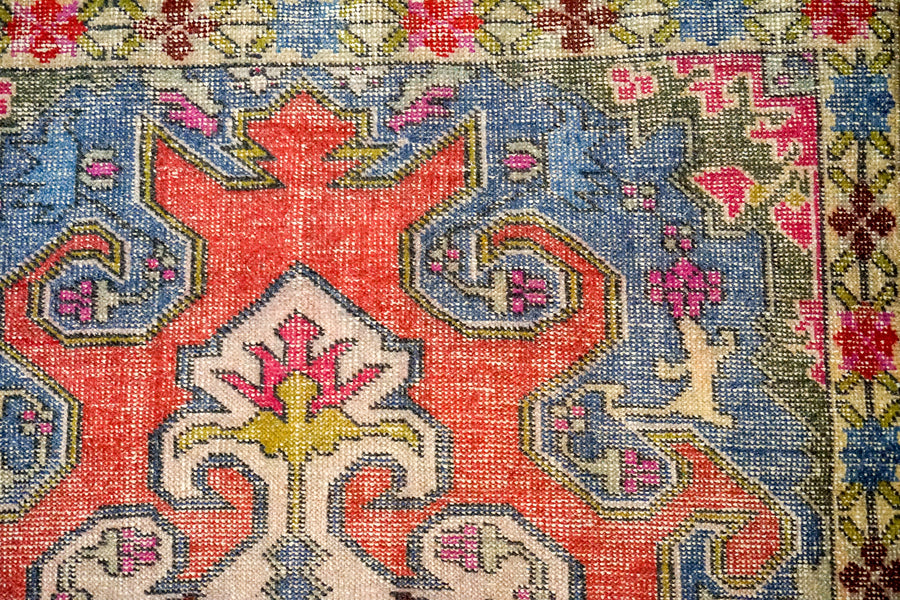 4’2 x 7’3 Oushak Rug Muted Watermelon Pink, Periwinkle Blue and Light Pink Vintage Carpet