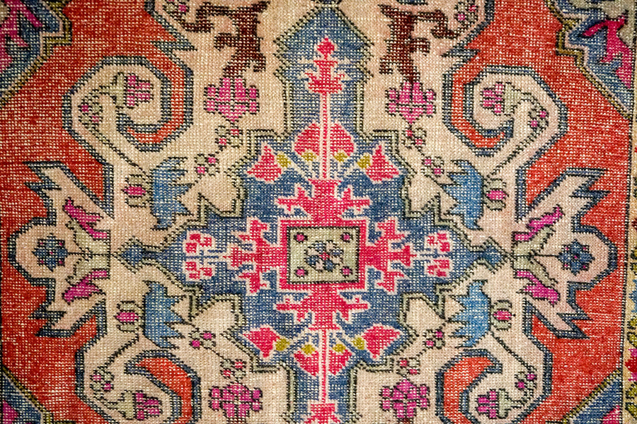 4’2 x 7’3 Oushak Rug Muted Watermelon Pink, Periwinkle Blue and Light Pink Vintage Carpet